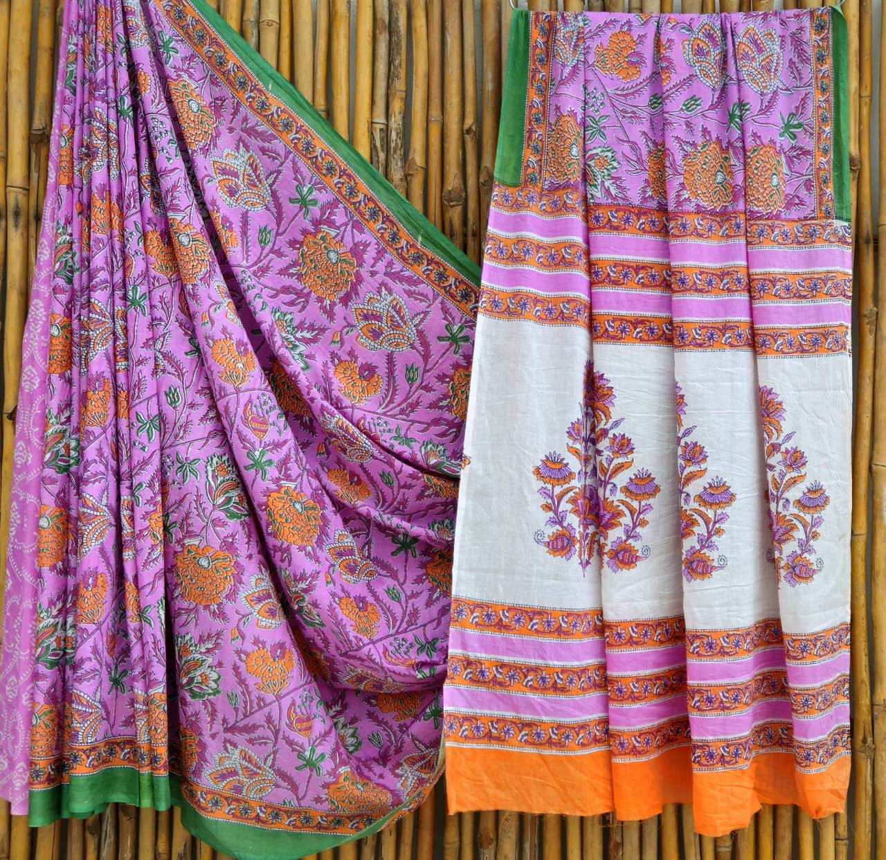 Purple & White Hand Block Printed 100% Pure Mulmul Cotton Saree (6.5 Mtrs, 92*80)