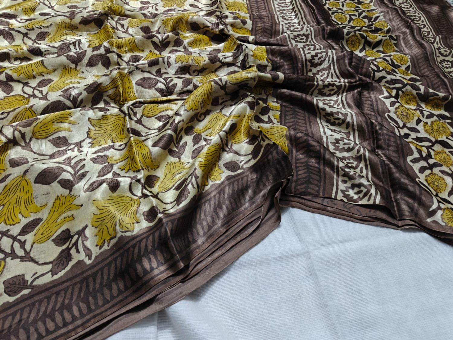 Mustard Floral  hand block print  ajrk vanaspati  Pure Modal Silk Saree