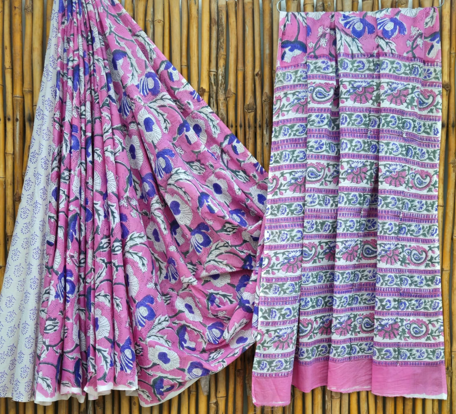 Pink & Purple Hand Block Printed 100% Pure Mulmul Cotton Saree (6.5 Mtrs, 92*80)
