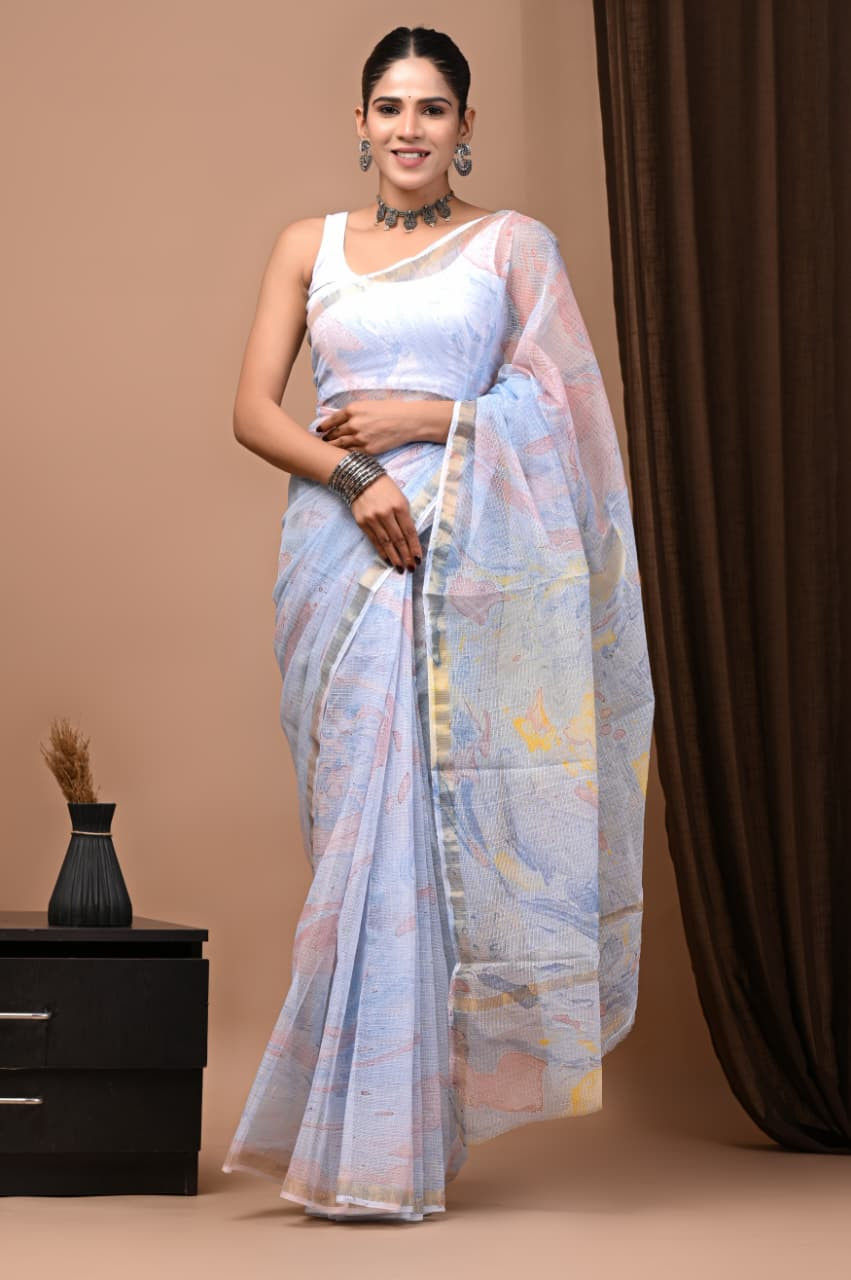 Light Blue Kota Doria Saree Handmade Dabu/Bagru Hand Block Printed