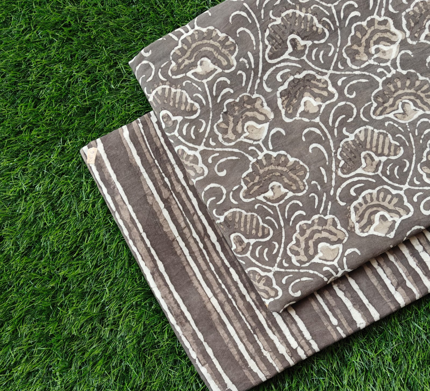Taupe Grey & Off-White 'Leafy Vine & Vertical Stripe' Hand-Block Bagru Dabu Print Cotton (60/60) Cambric Suit Set – Top 2.50 MTR + Bottom 2.50 MTR