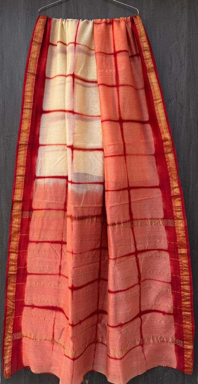 red and orange shibori Maheshwari silk-cotton blend saree with a gold zari border