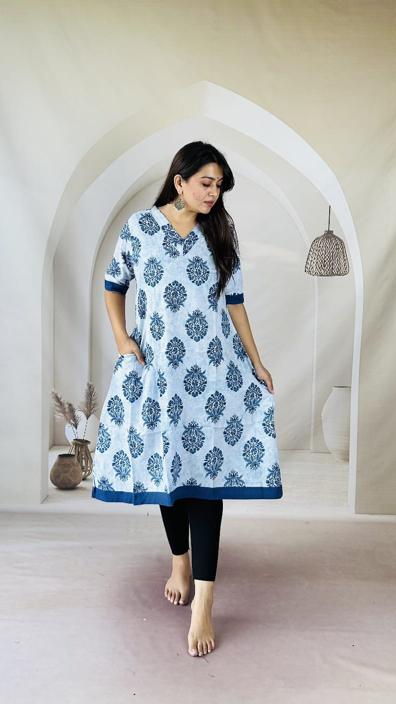 Blue and white hand block printed cotton kurti.