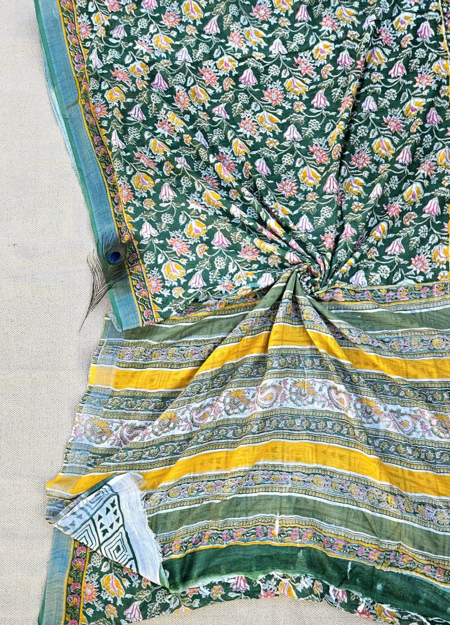 Blue and Gold Traditional Bagru Print Kota Doria Saree