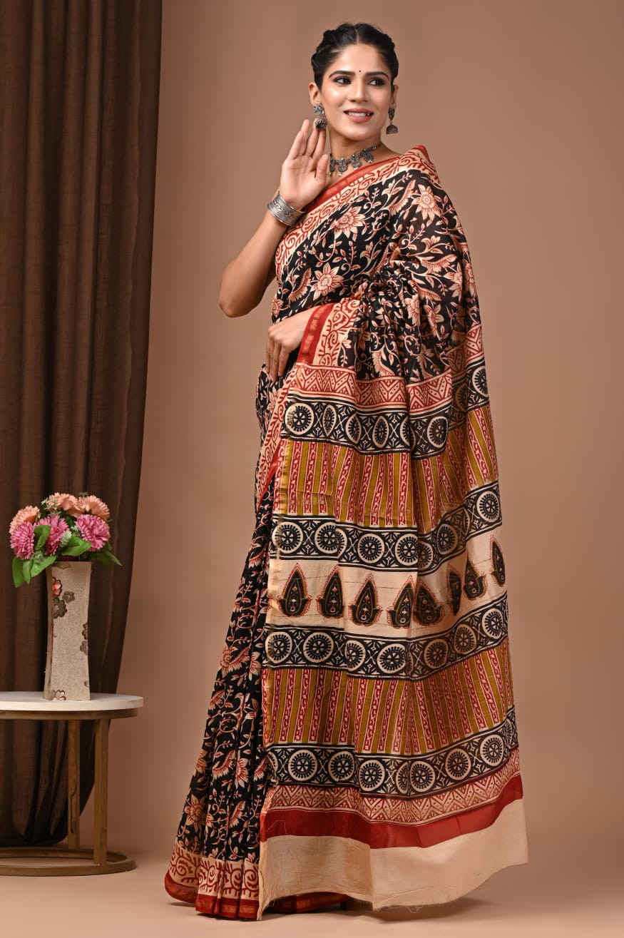 "Timeless Noir" Hand Block Printed Maheshwari Silk Saree with Blouse