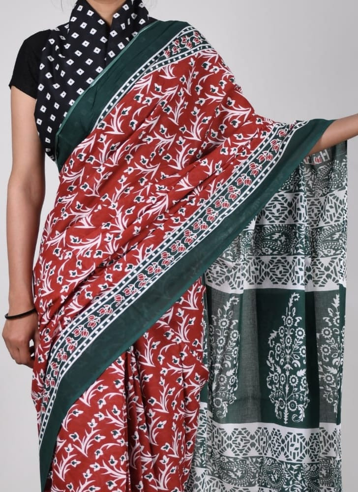 Maroon and Green Hand Block Printed Mulmul Cotton Saree