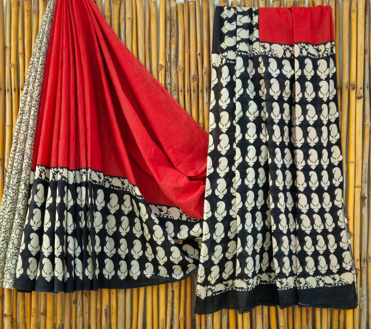 Red & Black Kalamkari Hand-Block Printed Mulmul Cotton Saree with Blouse (6.5 Meters, 92*80, 100% Pure Cotton Fabric)