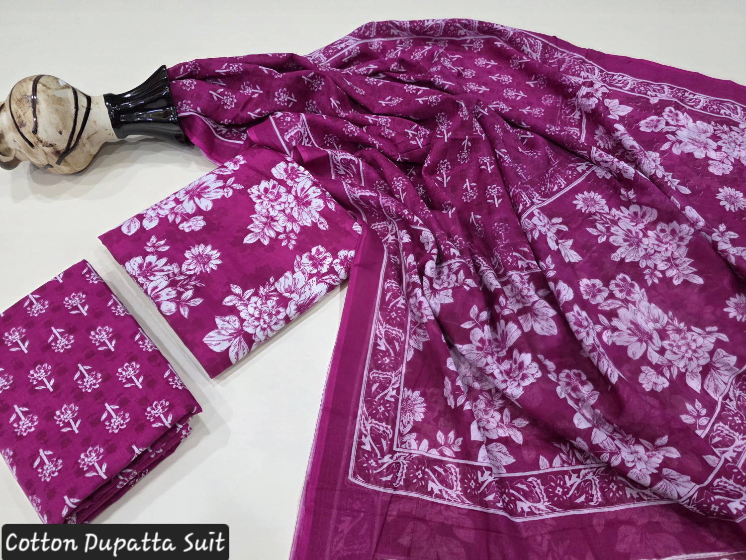 magenta and white Jaipuri hand block print cotton dupatta suit.