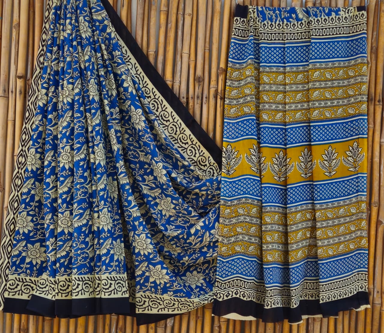 Blue & Mustard Yellow Hand Block Printed 100% Pure Mulmul Cotton Saree (6.5 Mtrs, 92*80)