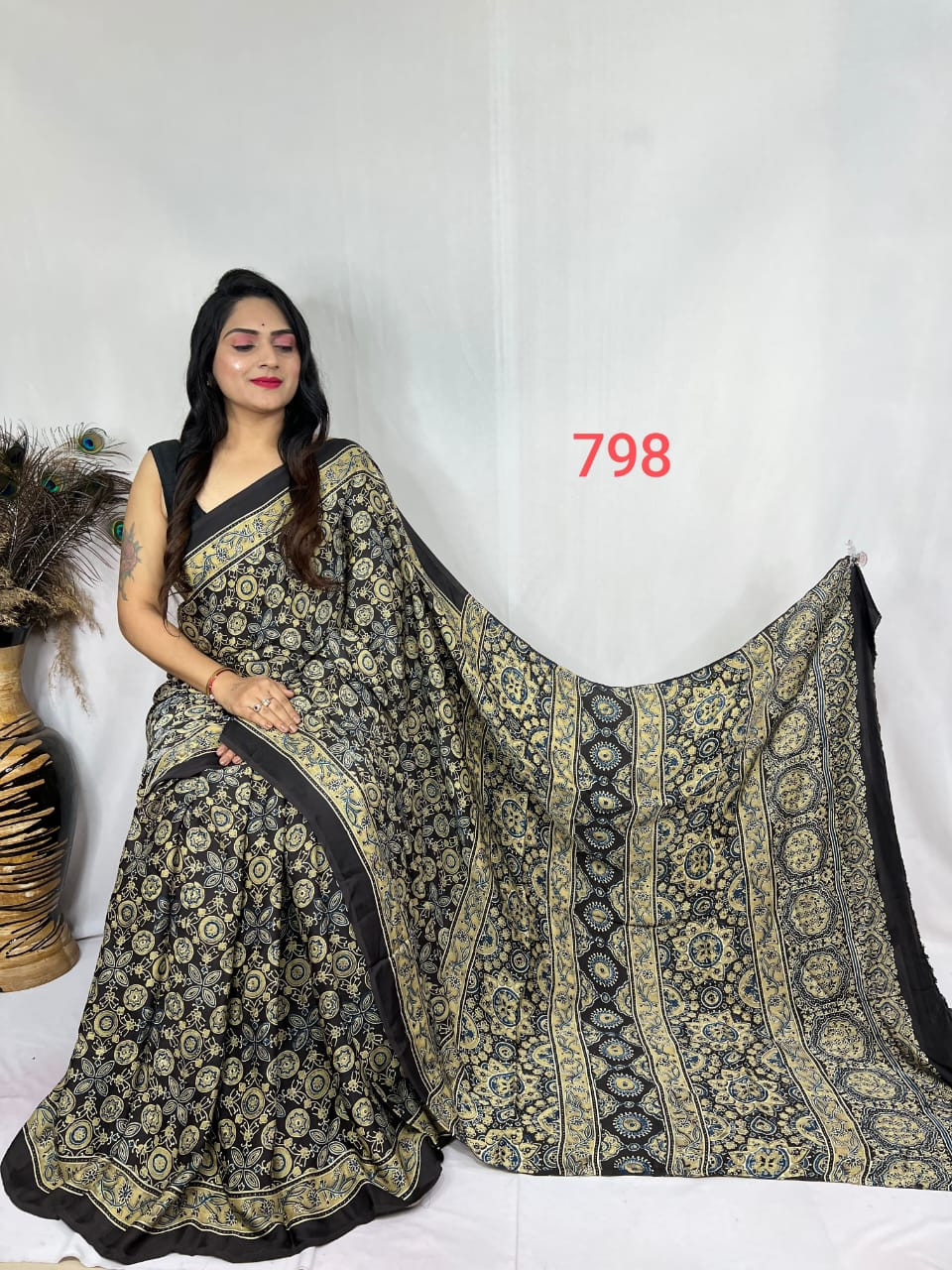 Black and Gold Modal Silk Ajrakh Print Saree