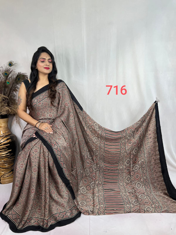Brown and Red Modal Silk Ajrakh Print Saree