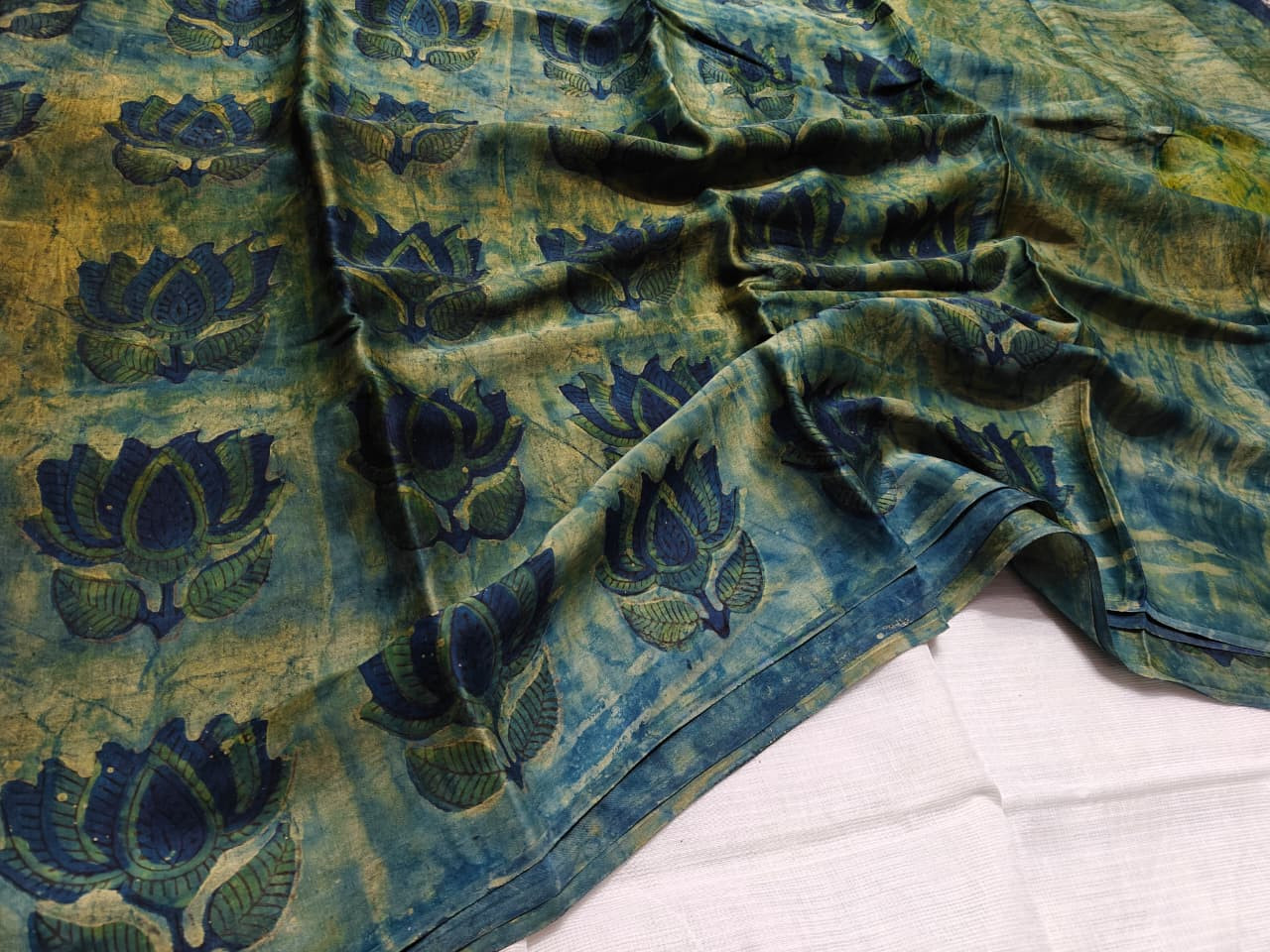 Blue tie dye lotus Ajrakh hand block printed modal silk saree with printed blouse