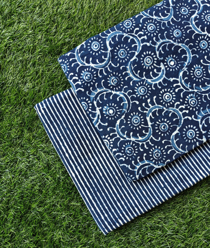 Indigo Circular Motif Hand-Block Bagru Dabu Print Cotton (60×60) Cambric Suit Set – Top 2.50 MTR + Bottom 2.50 MTR