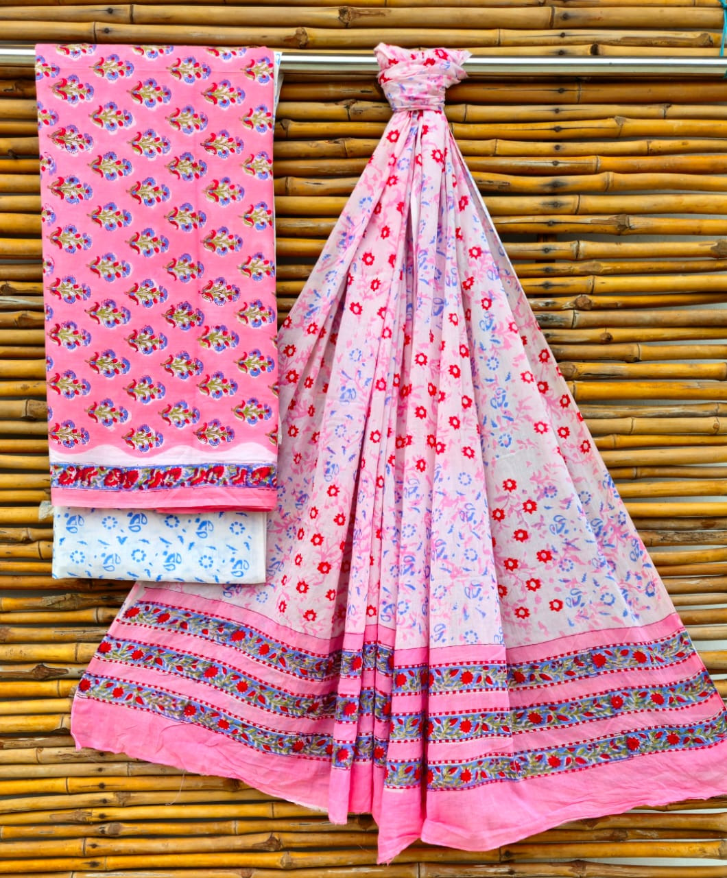 Jaipuri Hand-Block Print Cotton Suit Set in Pink, Blue & Red