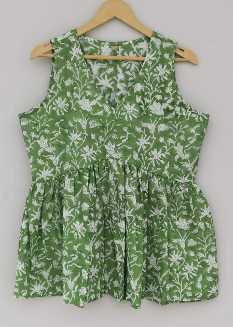Green flower Hand Block  printed  Cotton Sleeveless Top