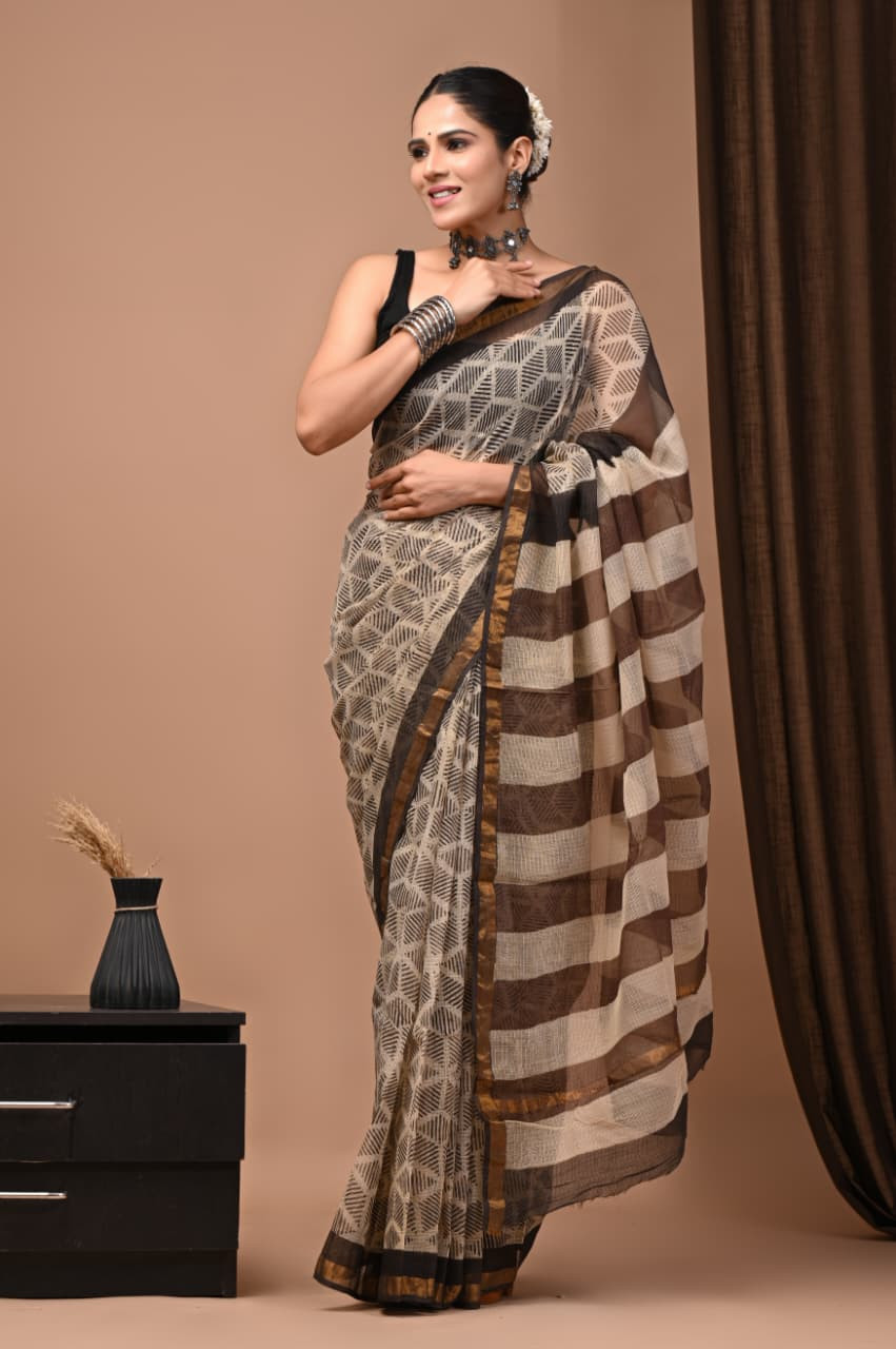 Beige & Black Hand Block Printed Kota Doria Saree