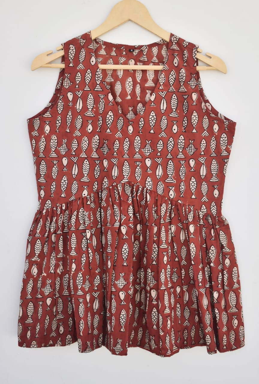 Maroon Fish Print Hand Block Printed Cotton Sleeveless  Top