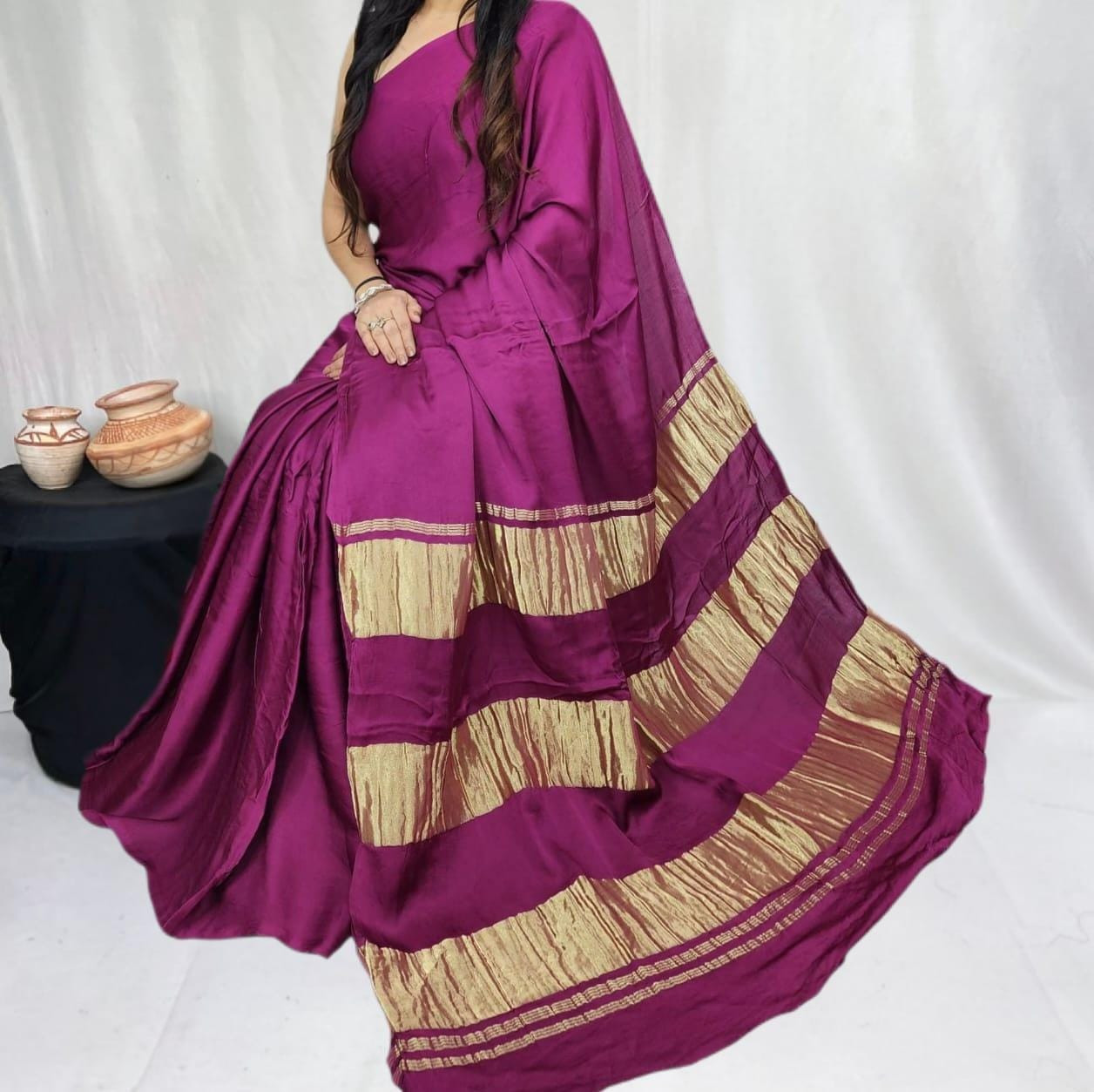 Peach Pink CottChic Magenta Pure Modal Silk Saree with Elegant 3-Layer Zari Pallu (Length-6.50 mtr with Width-46 inches)on Printed Suit Set