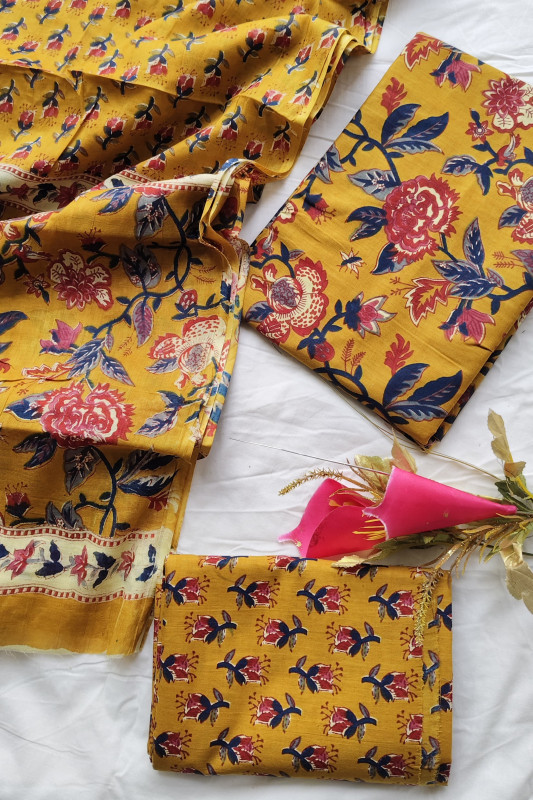Mustard Yellow Red Floral Hand Block Print Cotton  unstitched suit  Material for Women 2.5 Mtr top and 2.5 Mtr Bottom  and  2.5 Mtr Dupatta