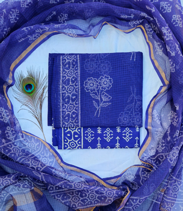 Blue Handblock Printed Cotton Kota Doria Suit 2.5m top & dupatta and 2.5m cotton cambric bottom