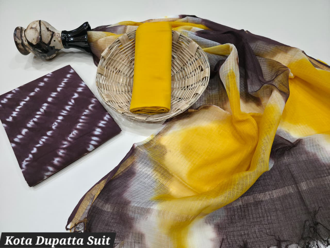 Cotton Kota Doria Dupatta Suit (Yellow & Black/Brown) Unstitched Dress Material, approx 2.5m each for top, bottom, and dupatta
