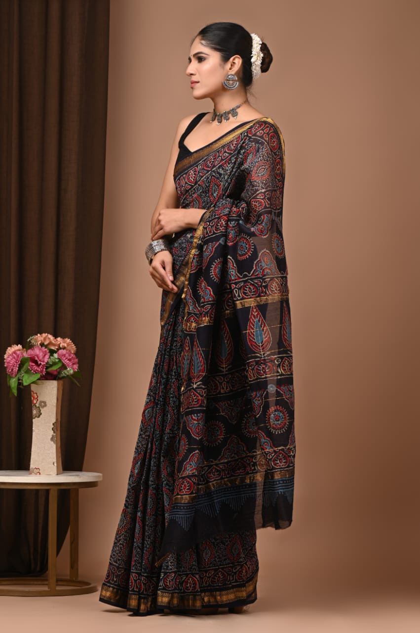 Black Modal Silk Saree with Gold Border and Kalamkari or Ajrakh Hand Block Print.