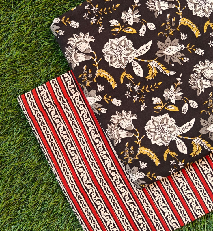 Black & Crimson Red 'Floral Medallion & Wavy Stripe' Hand-Block Bagru Print Cotton (60/60) Cambric Suit Set – Top 2.50 MTR + Bottom 2.50 MTR