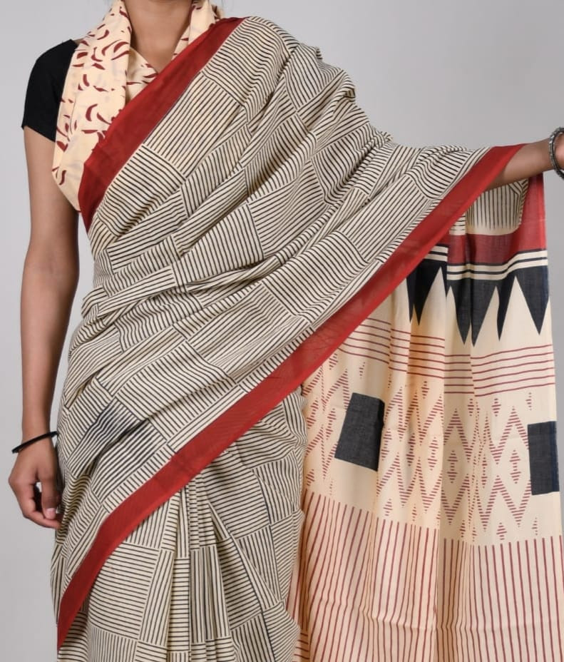 Beige and black with red border hand block printed mulmul cotton saree.