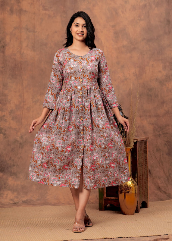 pink, rose, and brownish-gray mauve, taupe, or grayish-brown The "Artisan Bloom" Collection: Handblock Printed Pure Cotton Button-Down  one piece dress