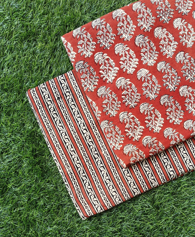 Rust Red Floral Hand-Block Bagru Dabu Print Cotton (60×60) Cambric Suit Set – Top 2.50 MTR + Bottom 2.50 MTR