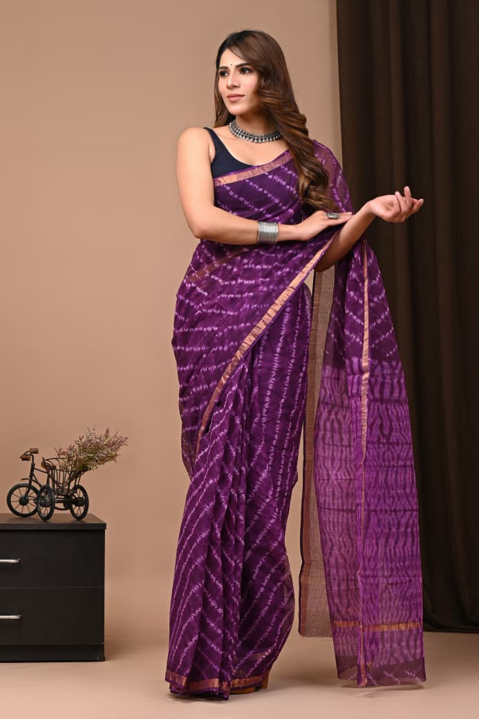 Purple Shibori Tie-Dye Hand Block Printed Kota Doria Saree