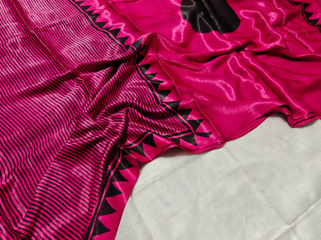 Hot Pink Pure Modal Silk Saree with Black Striped Border with printed blouse