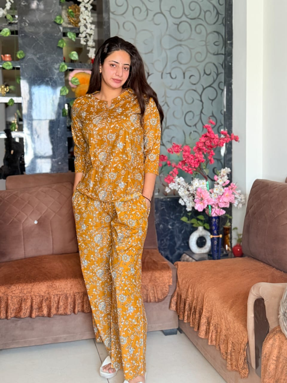 Mustard Yellow Floral Vine  Print Cotton Co-ord Set.