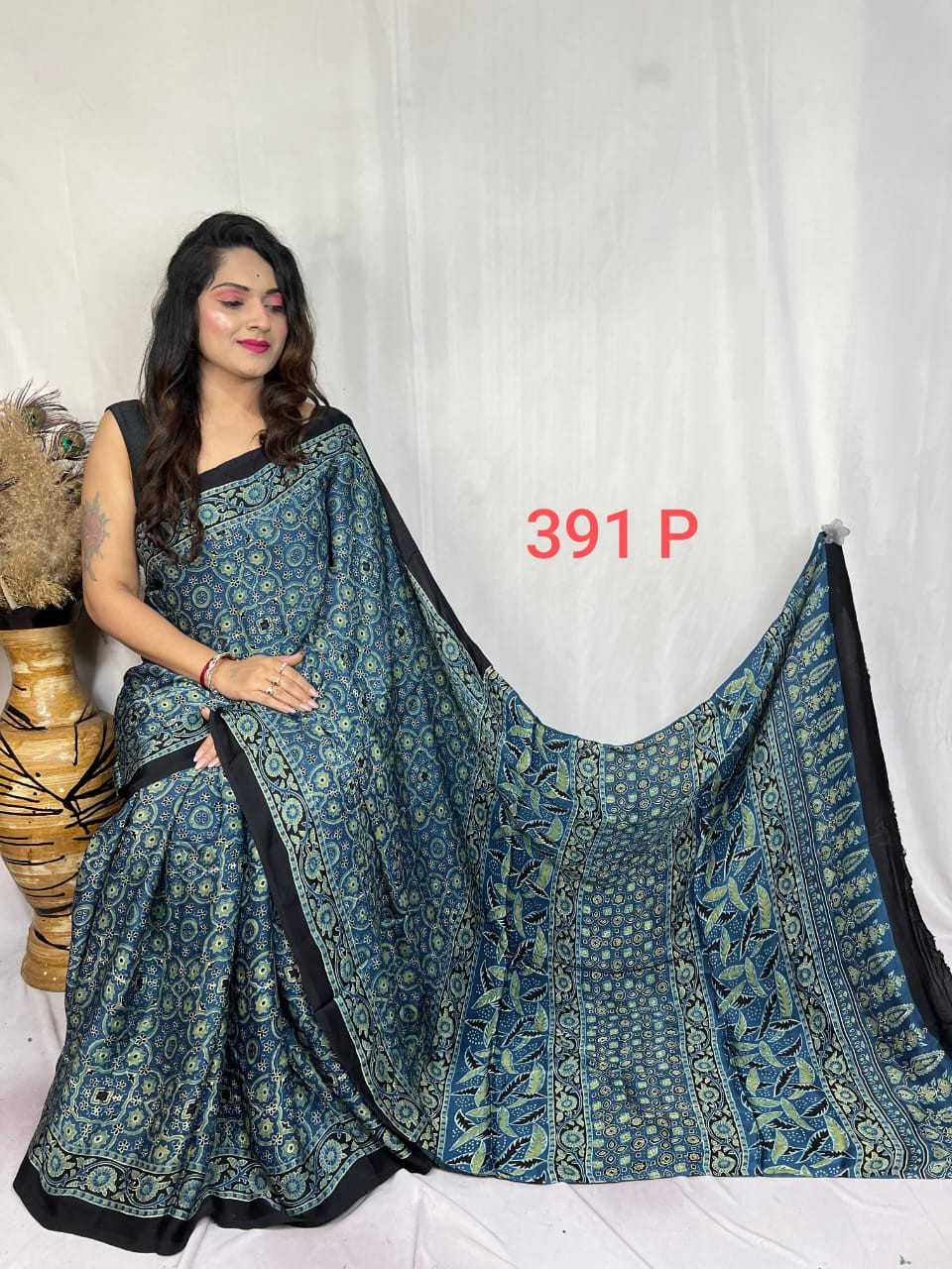Blue and Black Ajrakh Hand Block Printed Modal Silk Saree