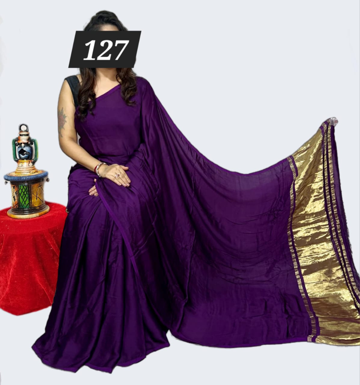 Deep  purple Modal silk plain daying saree