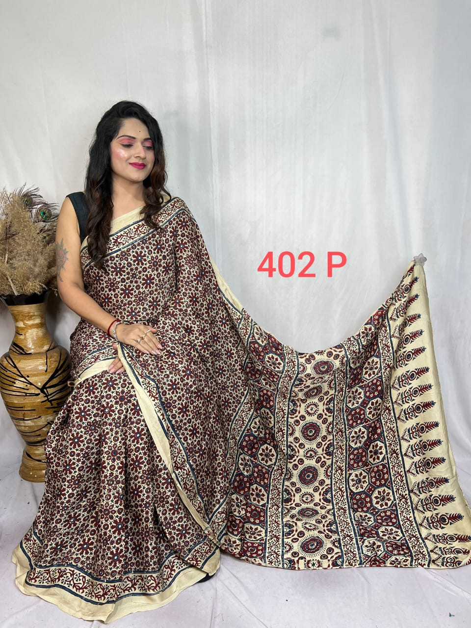 Beige and Maroon Modal Silk Ajrakh Print Saree