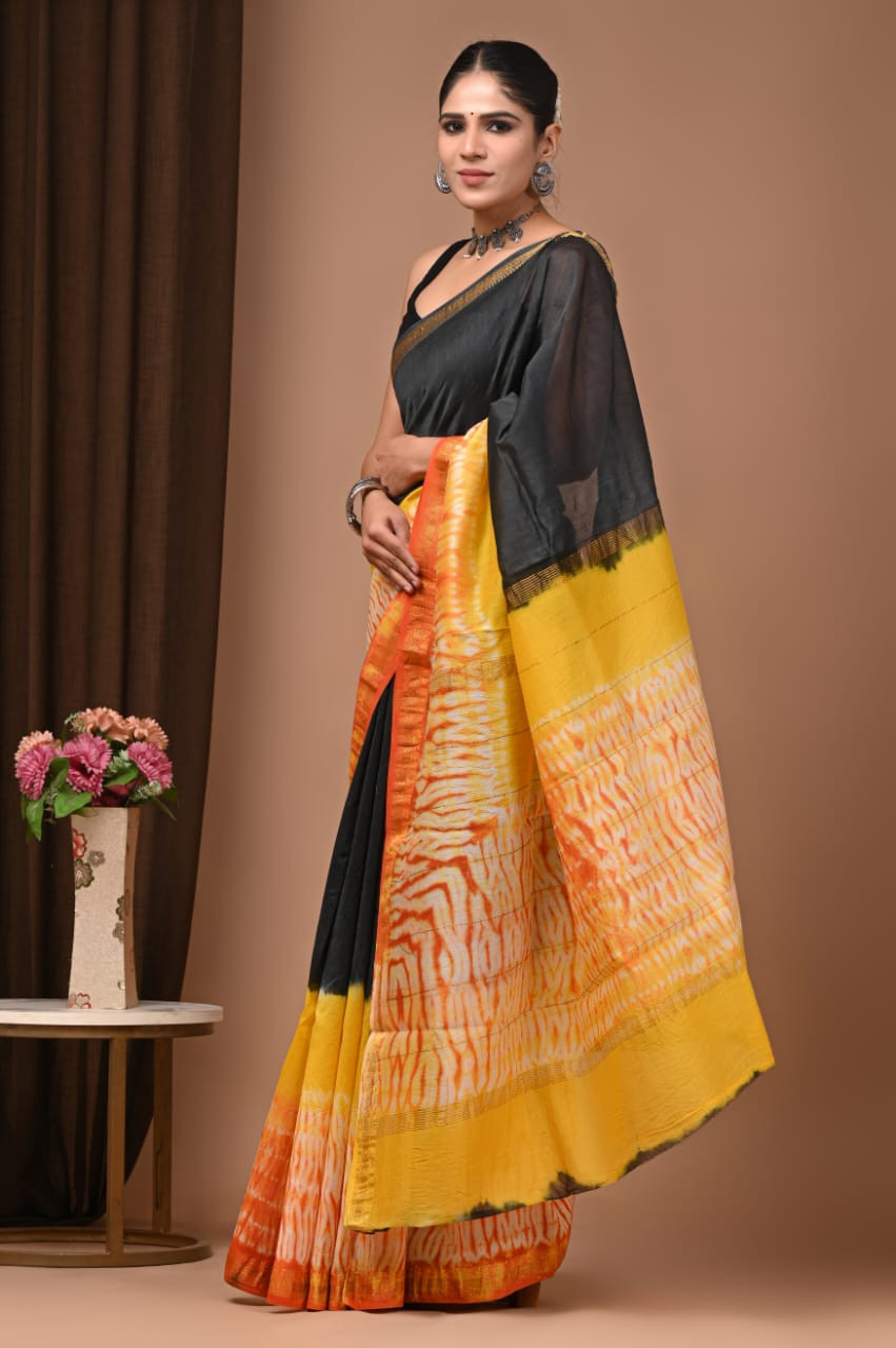 Black, Yellow, and Orange Shibori Print Saree
