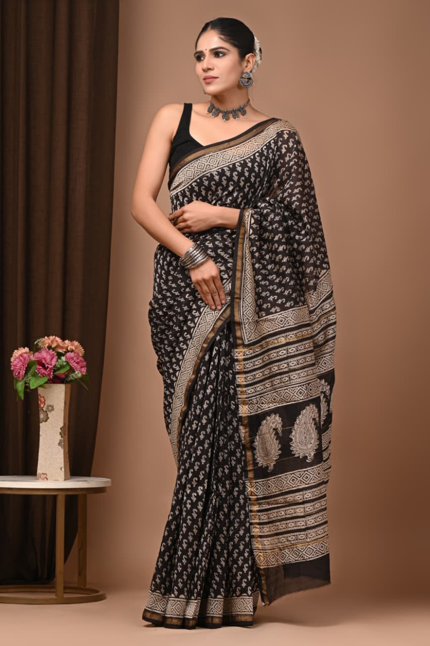 Midnight Heritage Ethnic Printed Pure Silk Saree with Black Blouse