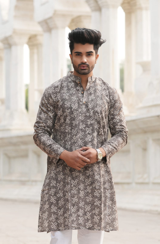 Taupe or grey-brown with an ethnic motif print (or dabu / block print).