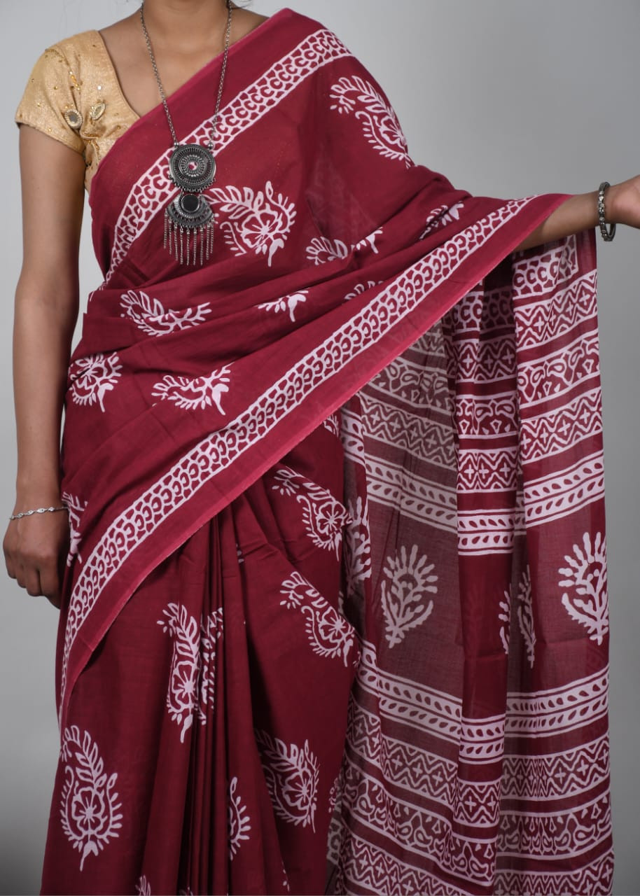 Maroon and white hand block printed mulmul cotton saree