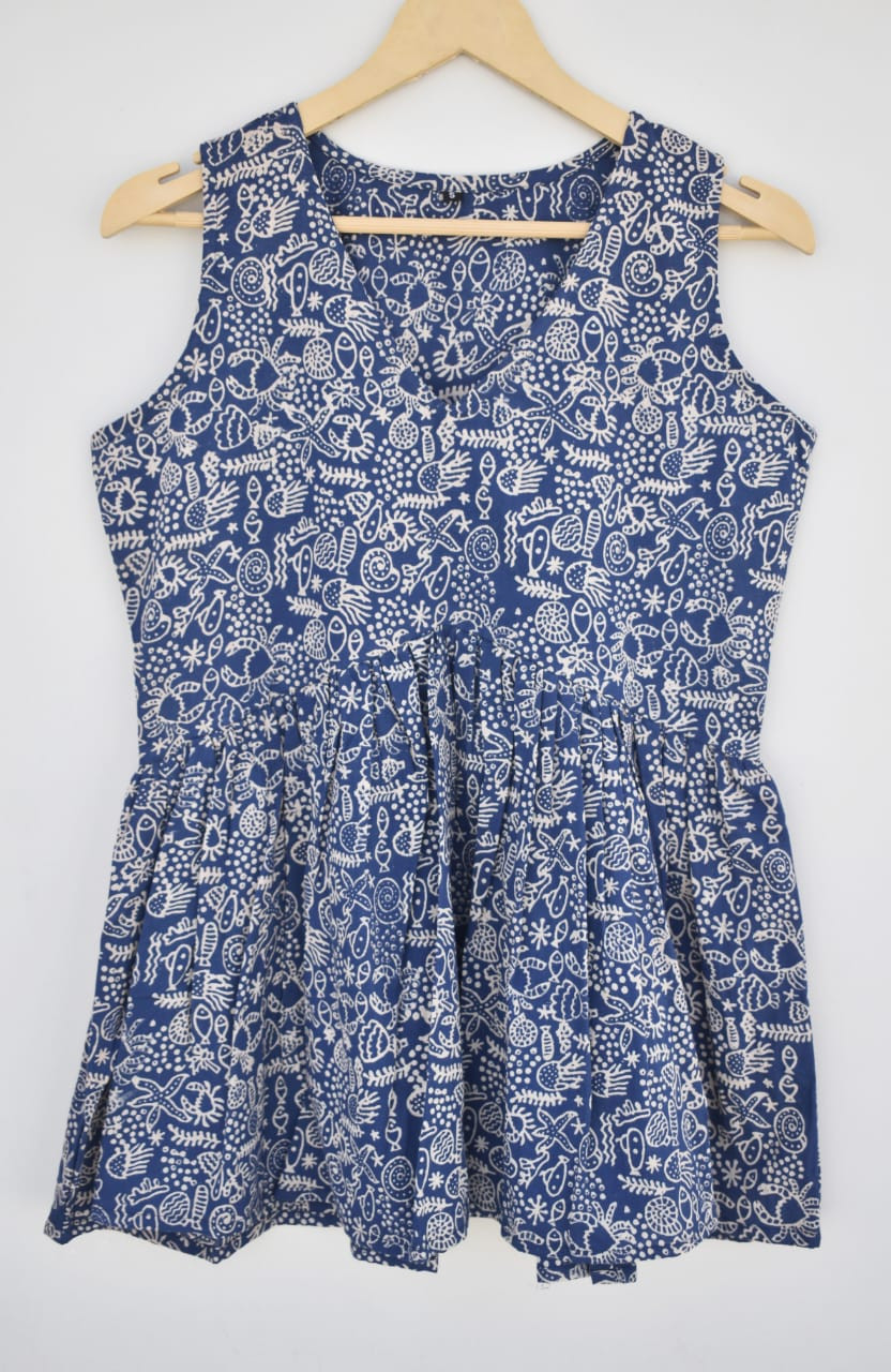 Dark Blue and White Floral Hand Block Printed Cotton Sleeveless Peplum Top