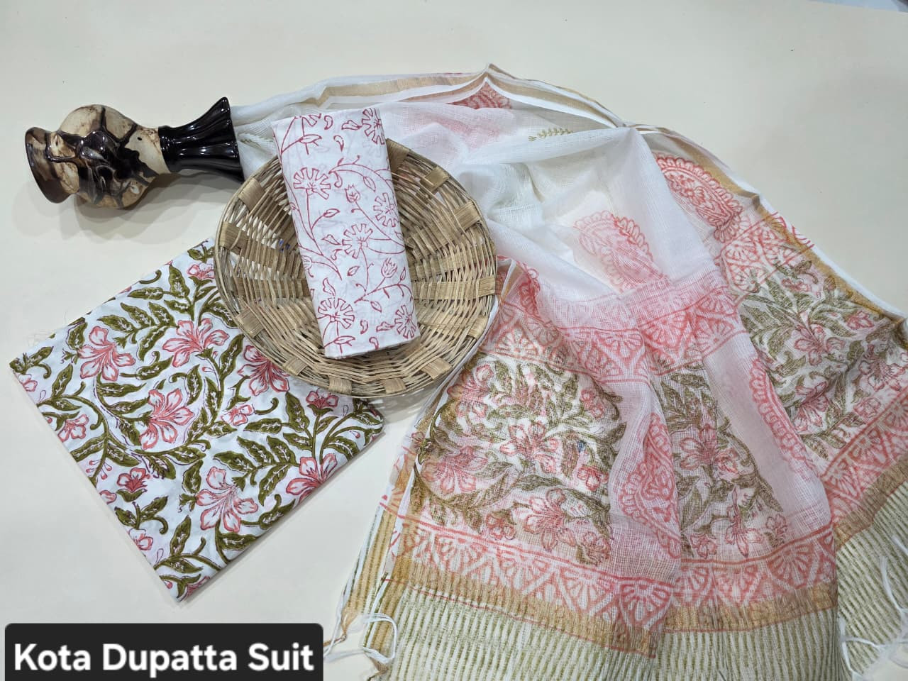 White, Pink, and Olive Green Floral Hand Block Print Cotton Suit with Kota Doria Dupatta.