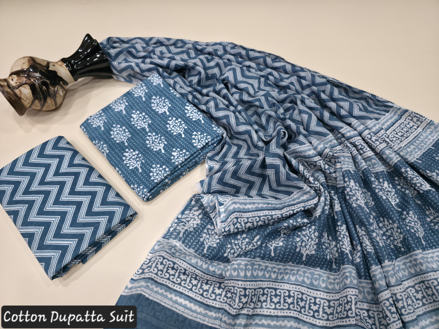 blue and white hand block print cotton dupatta suit.