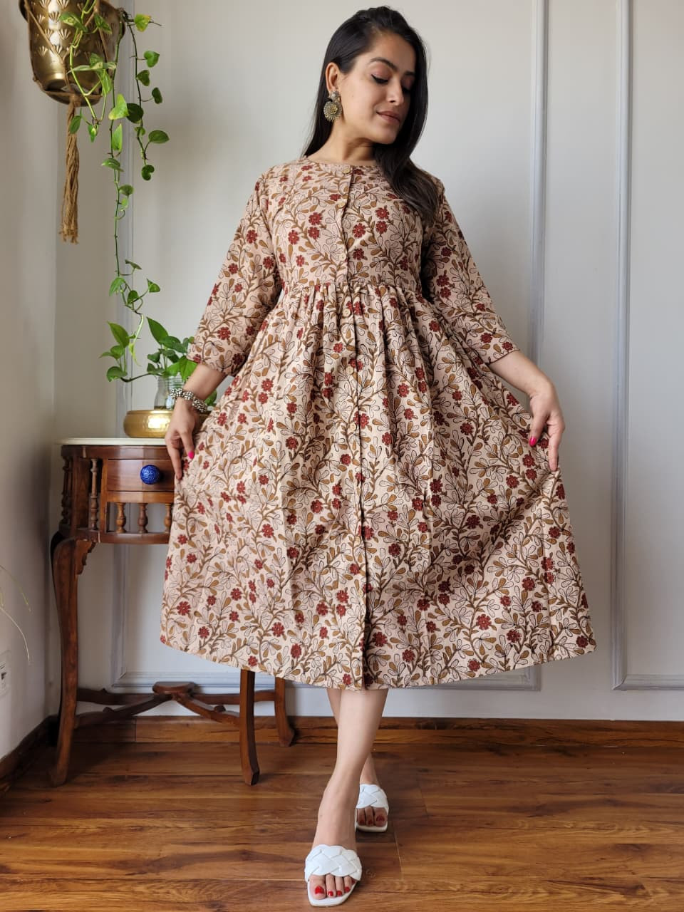 beige and rust red hand block printed cotton One Piece  dress