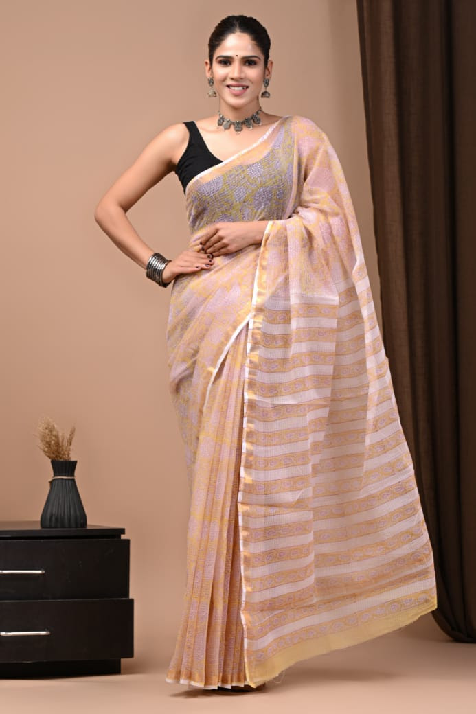 Beige & White Hand Block Printed Kota Doria Saree