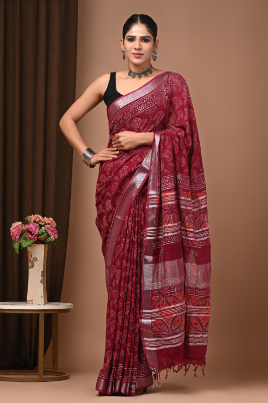 Maroon Handblock Printed Cotton Saree with Paisley and Traditional Pallu Design
