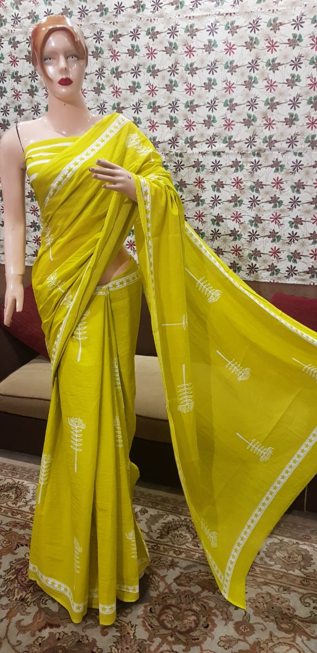 Lemon Yellow and White Cotton Saree with minimalist floral block prints and star borders.