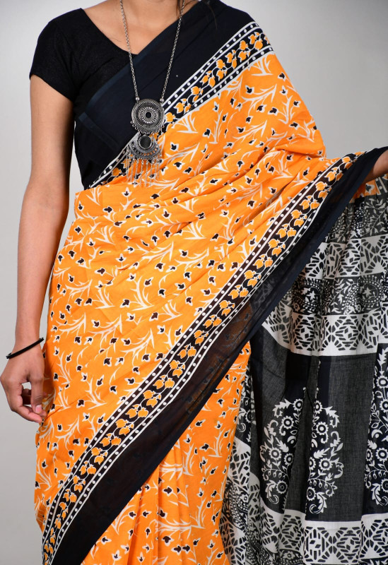 Orange and Black Floral Cotton Mulmul Saree