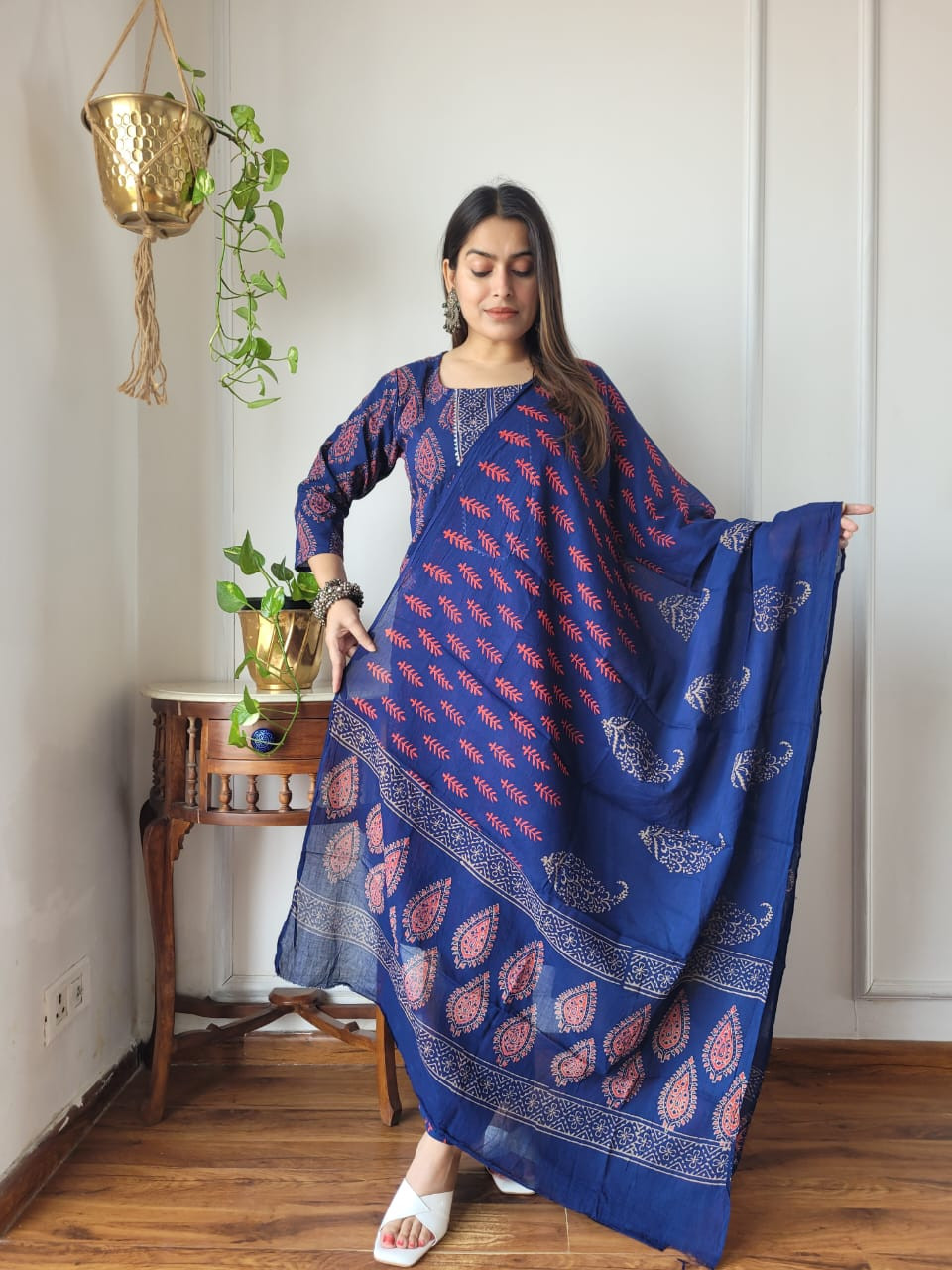 Blue Printed Cotton Straight Suit With Dupatta
