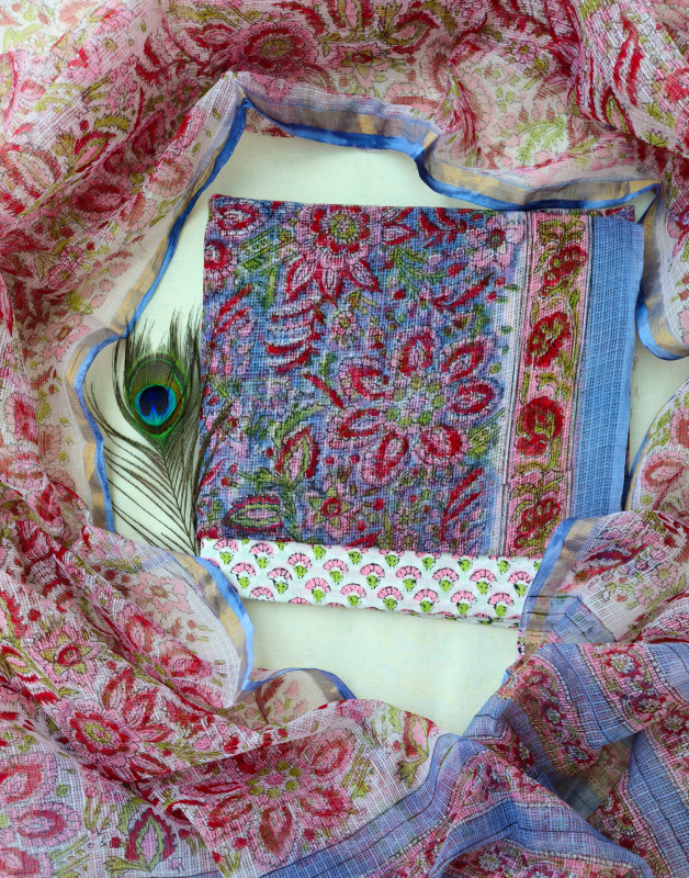 Pink and Blue Floral Handblock Printed Cotton Kota Doria Suit 2.5m top & dupatta and 2.5m cotton cambric bottom